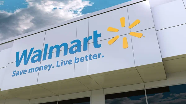 Logotipo Walmart na fachada do edifício moderno. Renderização 3D editorial — Fotografia de Stock