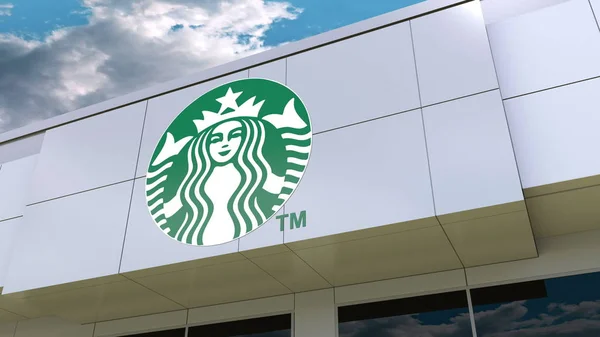 Logo Starbucks na elewacji budynku. Redakcji renderowania 3d — Zdjęcie stockowe