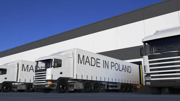 貨物トレーラーのロードまたはアンロード中にポーランドで行われたキャプションを持つ半トラック。道路貨物輸送の 3 d レンダリング — ストック写真