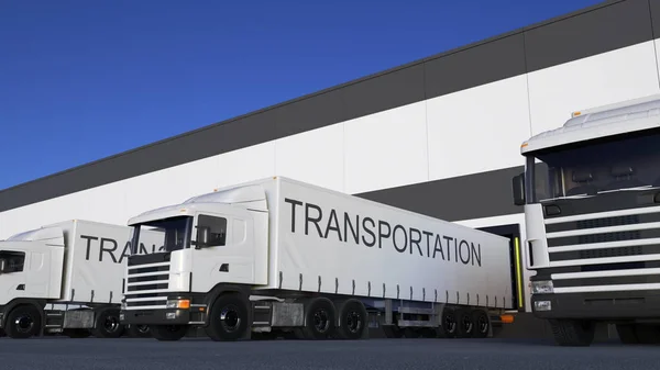 Frakt semi truck med transport bildtext på släpet lastning eller lossning. Road cargo transport 3d-rendering — Stockfoto
