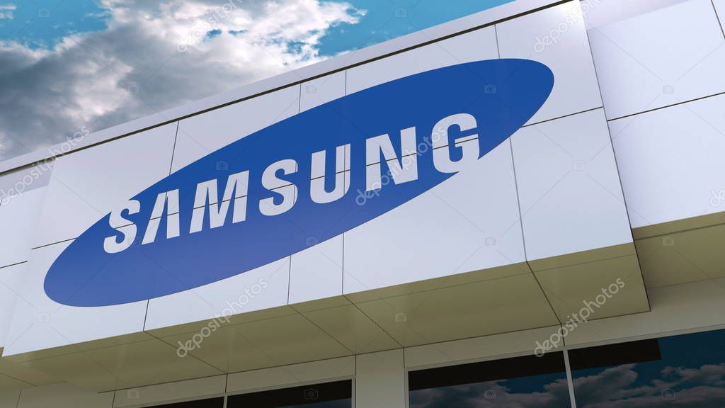 Samsung logo on the modern building facade. Editorial 3D