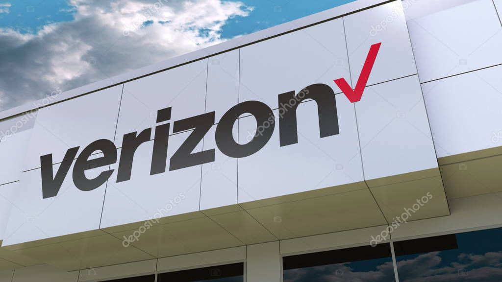 Verizon Communications logo on the modern building facade. Editorial 3D