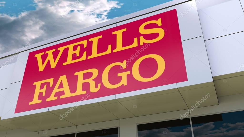 Wells Fargo logo on the modern building facade. Editorial 3D