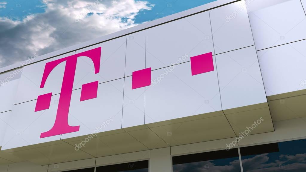 T-Mobile logo on the modern building facade. Editorial 3D