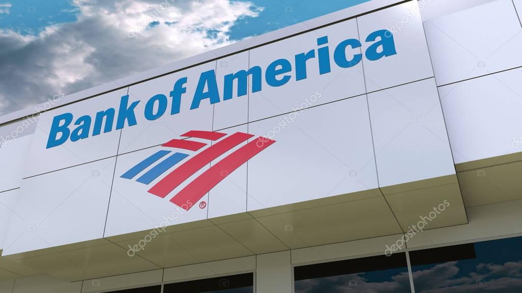 Bank of America logo on the modern building facade. Editorial 3D