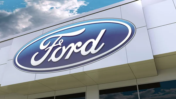 Ford Motor Company logo op de gevel van het modern gebouw. Redactioneel 3D-rendering — Stockfoto