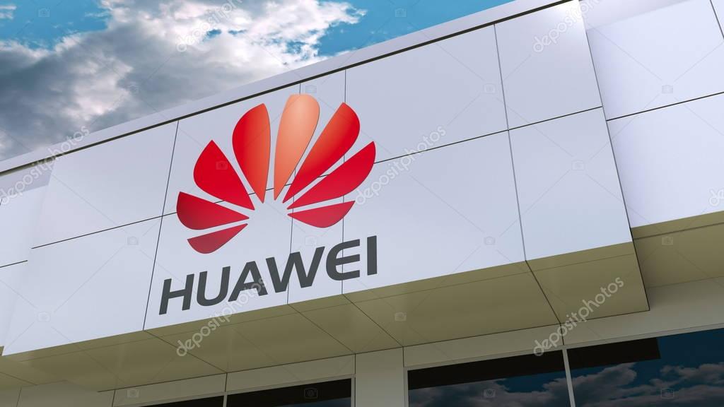 Huawei logo on the modern building facade. Editorial 3D