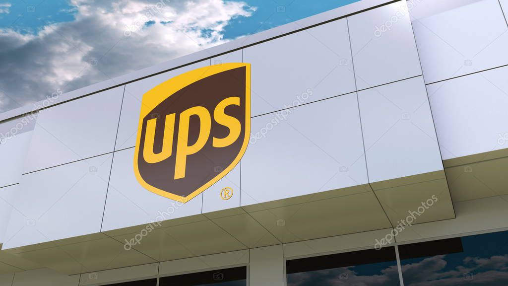 United Parcel Service UPS logo on the modern building facade. Editorial 3D