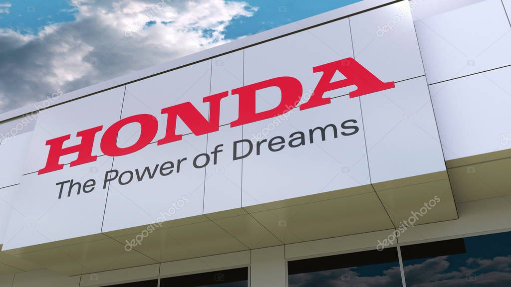 Honda logo on the modern building facade. Editorial 3D