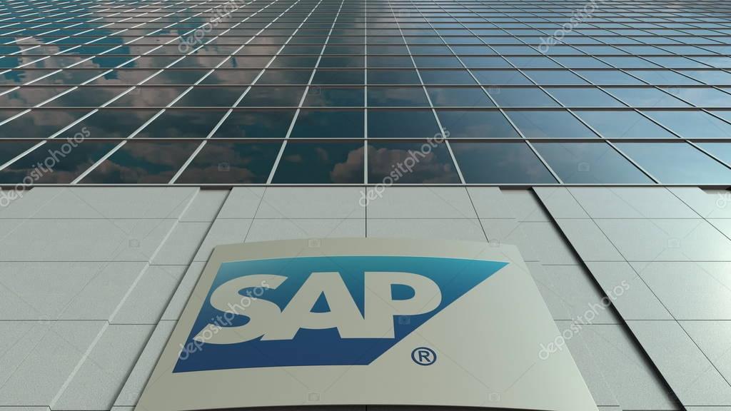 Outdoor signage board with SAP SE logo. Modern office building. Editorial 3D