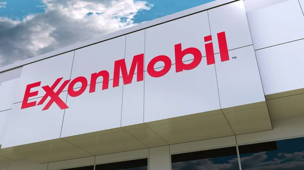 Η ExxonMobil λογότυπο στην πρόσοψη πολυκατοικίας. Συντακτική 3d rendering — Φωτογραφία Αρχείου