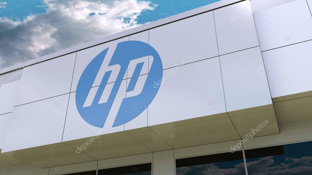 HP Inc. logo on the modern building facade. Editorial 3D