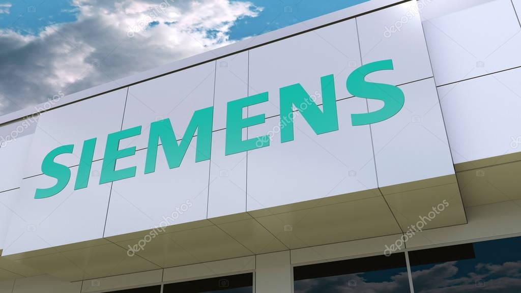 Siemens logo on the modern building facade. Editorial 3D