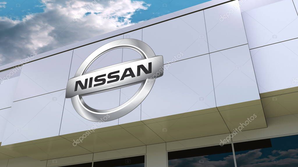 Nissan logo on the modern building facade. Editorial 3D