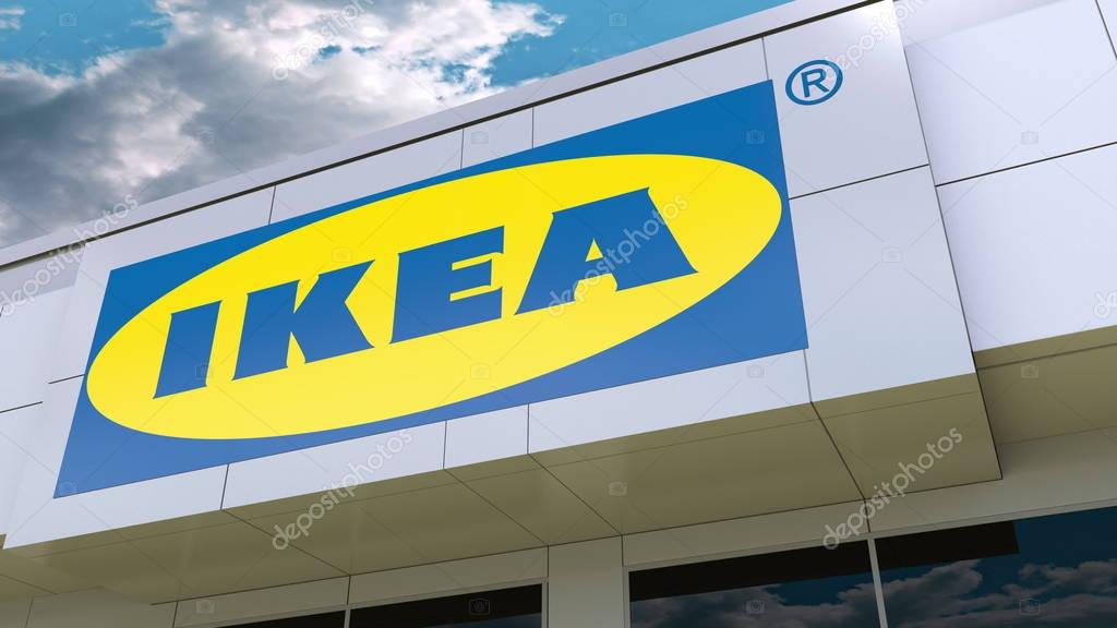 Ikea logo on the modern building facade. Editorial 3D