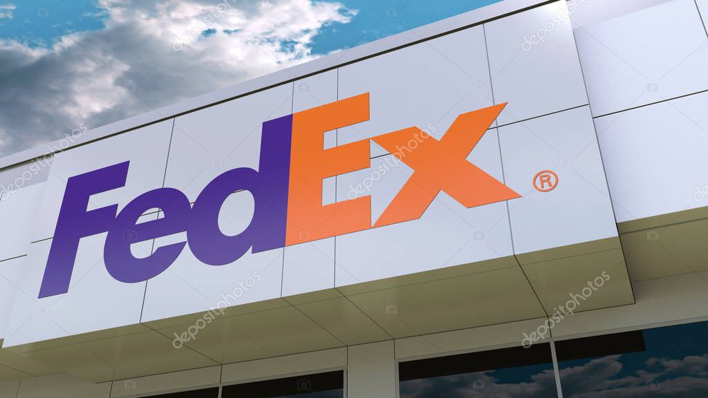 FedEx logo on the modern building facade. Editorial 3D