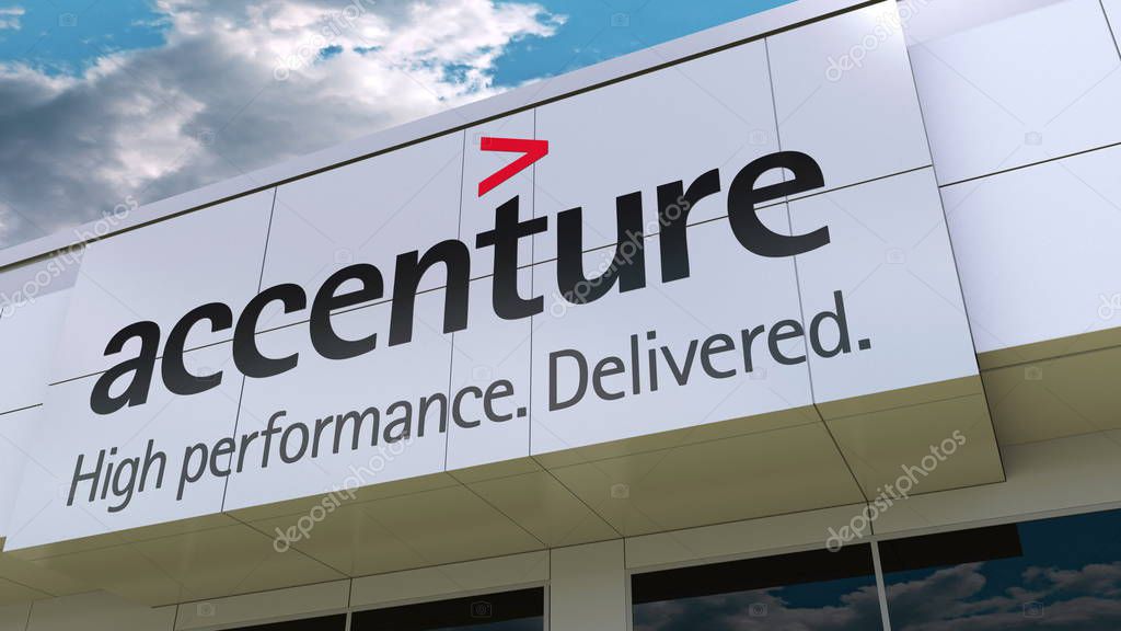 Accenture logo on the modern building facade. Editorial 3D