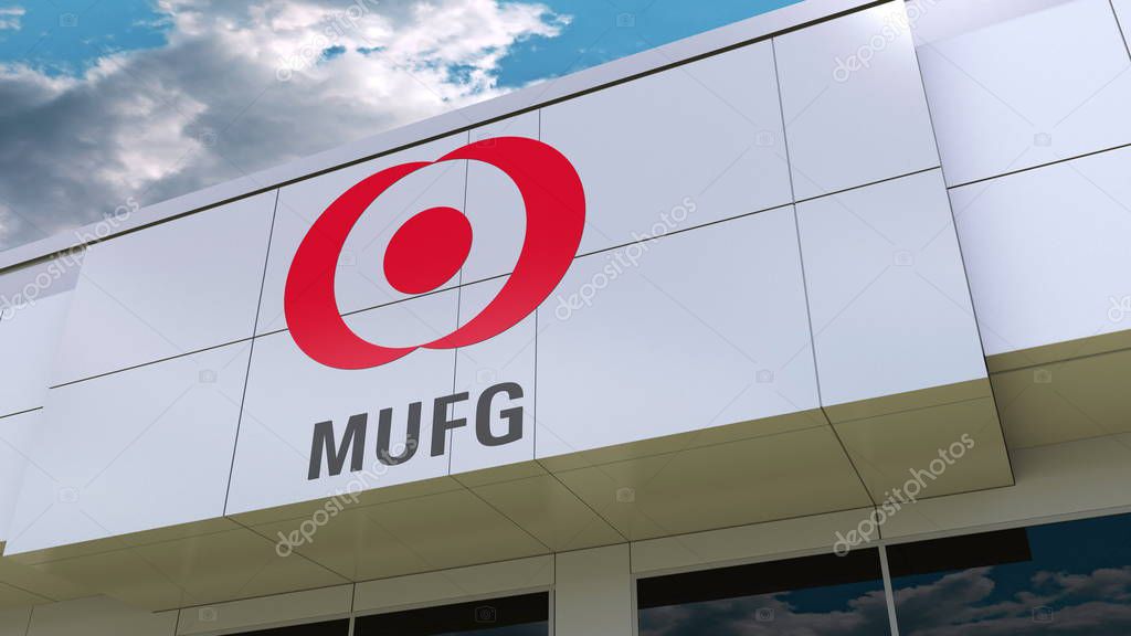 MUFG logo on the modern building facade. Editorial 3D