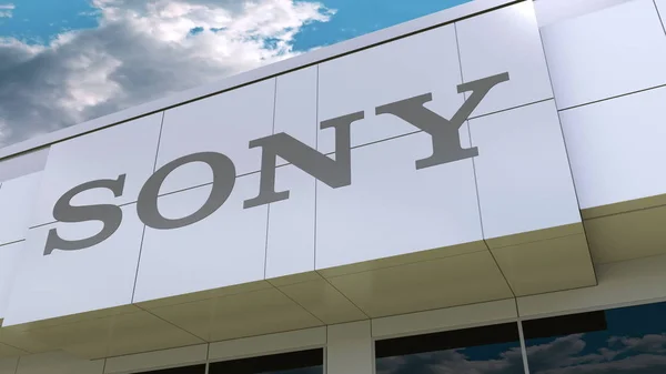 Logotipo da Sony Corporation na fachada do edifício moderno. Renderização 3D editorial — Fotografia de Stock