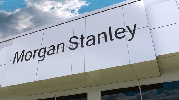 Morgan Stanley Inc. logo na fasádě moderní budovy. Úvodník 3d vykreslování — Stock fotografie