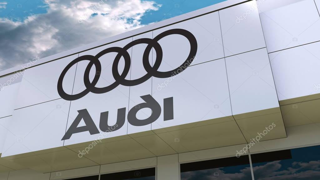Audi logo on the modern building facade. Editorial 3D