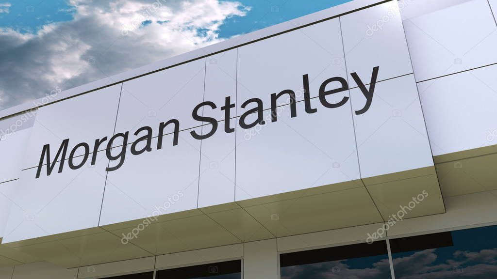 Morgan Stanley Inc. logo on the modern building facade. Editorial 3D