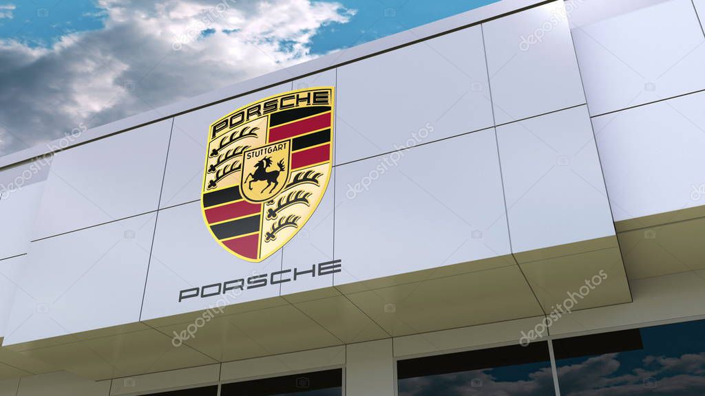 Porsche logo on the modern building facade. Editorial 3D