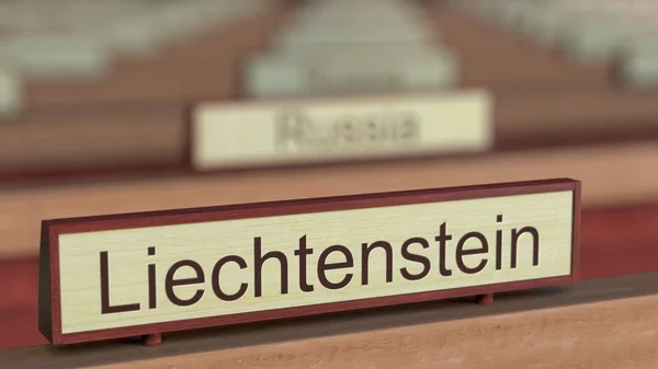 Liechtenstein namn tecken bland olika länder plack på internationell organisation. 3D-rendering — Stockfoto