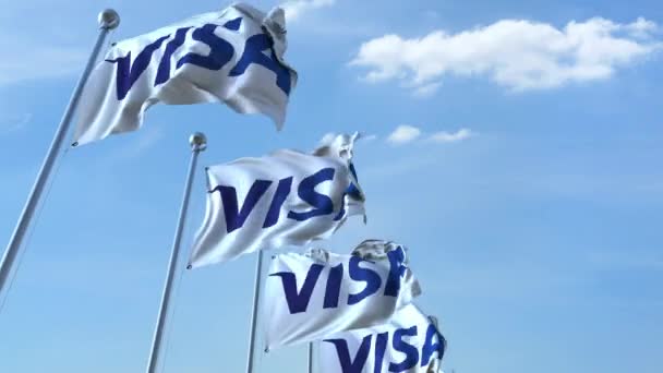 Drapeaux avec logo Visa contre ciel, boucle transparente. Animation éditoriale 4K — Video