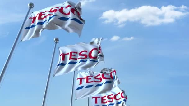 Vajande flaggor med Tesco logotyp mot himlen, sömlös loop. 4 k redaktionella animation — Stockvideo