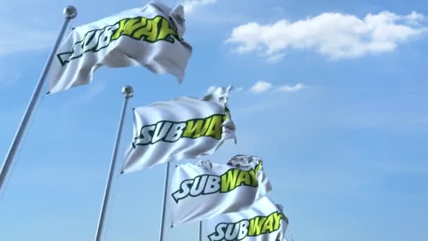 Κυματίζει σημαίες με το λογότυπο του μετρό κατά ουρανό, αδιάλειπτη βρόχο. 4 k σύνταξης κινούμενα σχέδια — Αρχείο Βίντεο