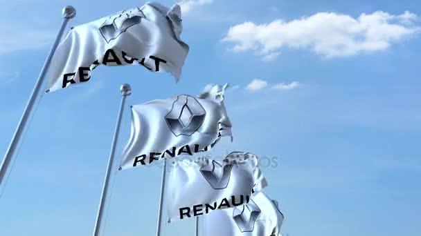 Waving flags with Renault logo against sky, seamless loop. 4K editorial animation — Stock Video