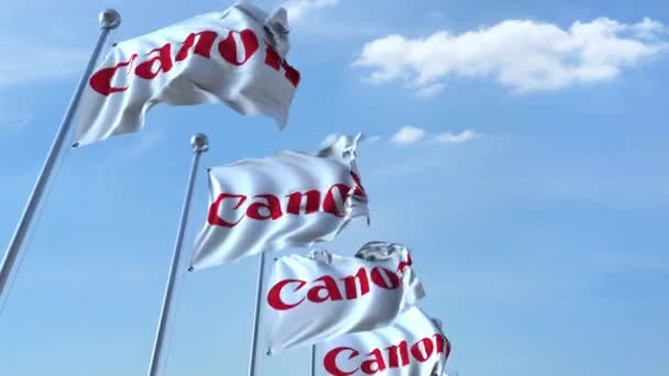 Ondeando banderas con el logotipo de Canon contra el cielo, lazo sin costuras. Animación editorial 4K — Vídeo de stock