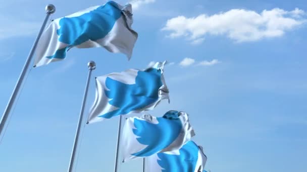 Mengibarkan bendera dengan logo Twitter di langit, lingkaran mulus. Animasi editorial 4K — Stok Video