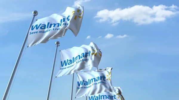 Acenando bandeiras com o logotipo do Walmart contra o céu, renderização 3D editorial — Fotografia de Stock