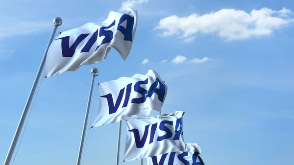 Размахивание флагами с логотипом Visa на фоне неба, редакционная 3D рендеринг — стоковое фото