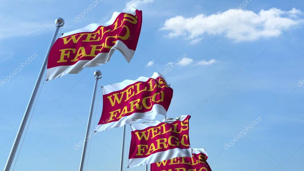 Waving flags with Wells Fargo logo against sky, editorial 3D