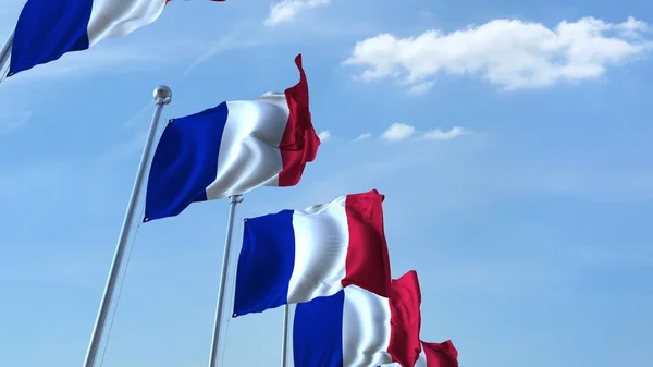Riga di bandiere sventolanti della Francia agaist cielo blu, rendering 3D — Foto Stock