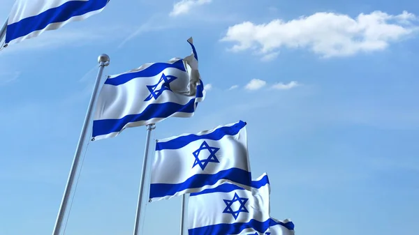 Fila de banderas ondeantes de Israel cielo azul agaísta, representación 3D — Foto de Stock