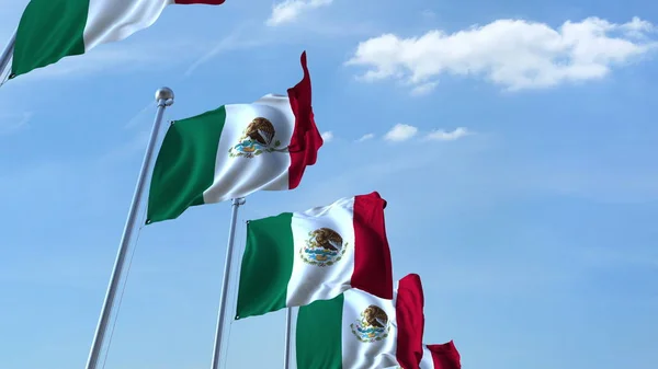 Fila de bandeiras acenando do México agaist céu azul, 3D renderização — Fotografia de Stock