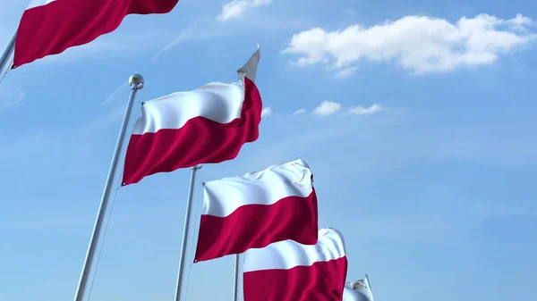 Fila de banderas ondeantes de Polonia cielo azul agaísta, representación 3D — Foto de Stock