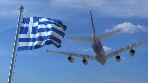 Commercial airplane landing behind waving Greek flag. Travel to Greece conceptual 3D rendering — Stock Photo, Image