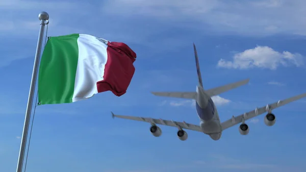 Kommersiella flygplan landar bakom viftande italiensk flagg. Resa till Italien konceptuell 3d-rendering — Stockfoto