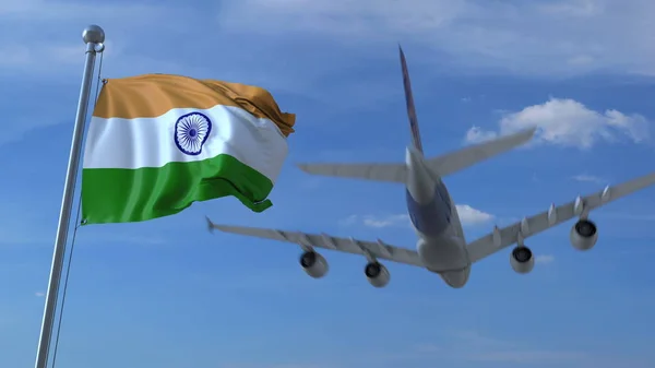 Коммерческий самолет приземляется за размахивая индийским флагом. Концептуальная 3D рендеринг путешествия в Индию — стоковое фото