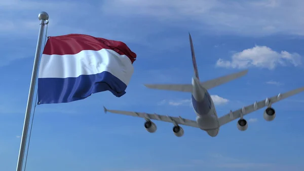 Комерційні літак посадки позаду розмахуючи голландського прапор. Поїздки в Нідерландах концептуальні 3d-рендерінг — стокове фото