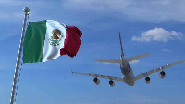 Avião comercial a aterrar atrás da bandeira mexicana. Viagem ao México renderização 3D conceitual — Fotografia de Stock