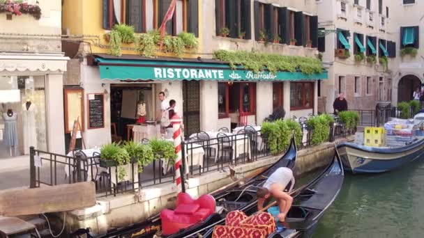 VENECIA, ITALIA - 8 de agosto de 2017. Góndolas venecianas amarradas preparadas para un paseo — Vídeo de stock