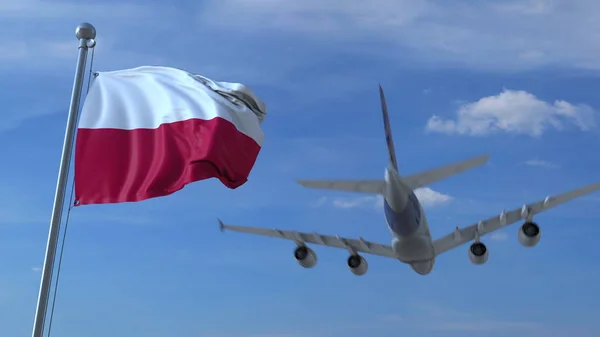 Avión comercial aterrizando detrás ondeando bandera polaca. Viajar a Polonia renderizado 3D conceptual — Foto de Stock