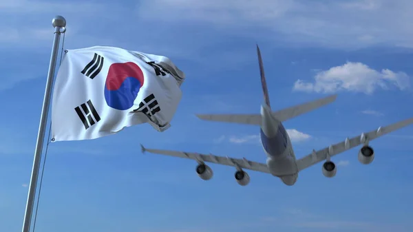 Avião comercial a aterrar atrás da bandeira coreana. Viaje para a Coreia do Sul renderização 3D conceitual — Fotografia de Stock