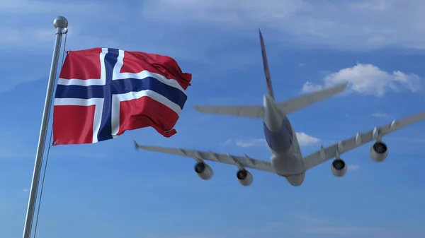 Commercial airplane landing behind waving Norwegian flag. Travel to Norway conceptual 3D rendering — Stock Photo, Image